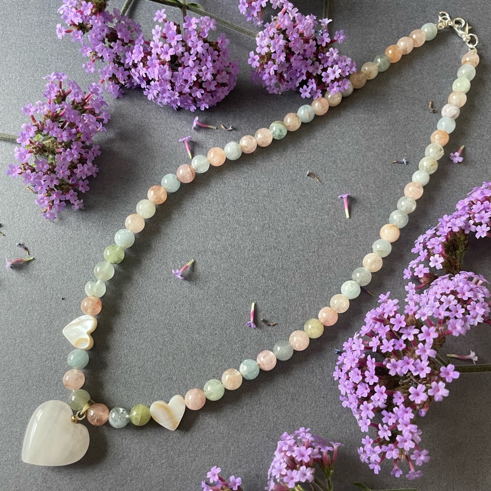 Morganite, rose quartz, and shell heart necklace